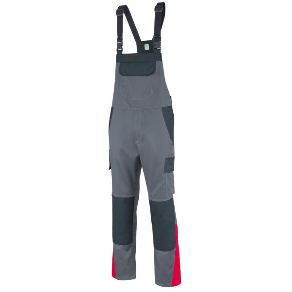 teamdress Ecorover Safety Latzhose mit Störlichtbogenklasse 1 und Chemikalienschutz in Grau Rot